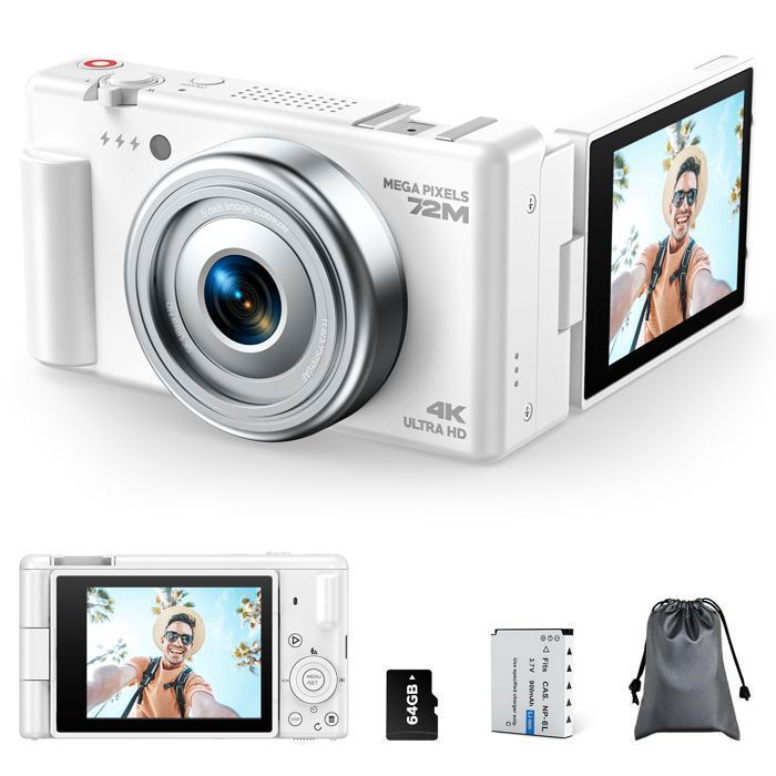 VexFur Appareil Photo Numérique Compact 4K 72MP Caméra vidéo WiFi Autofocus