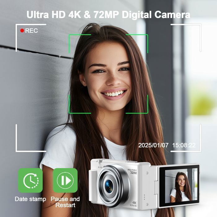 VexFur Appareil Photo Numérique Compact 4K 72MP Caméra vidéo WiFi Autofocus