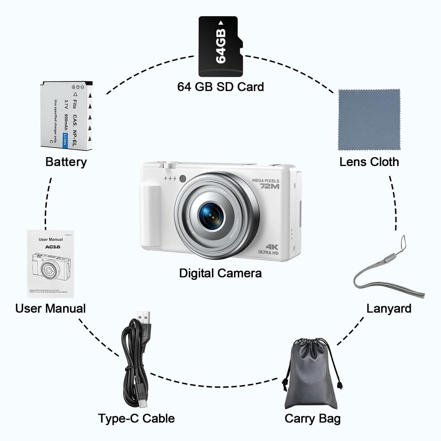 VexFur Appareil Photo Numérique Compact 4K 72MP Caméra vidéo WiFi Autofocus